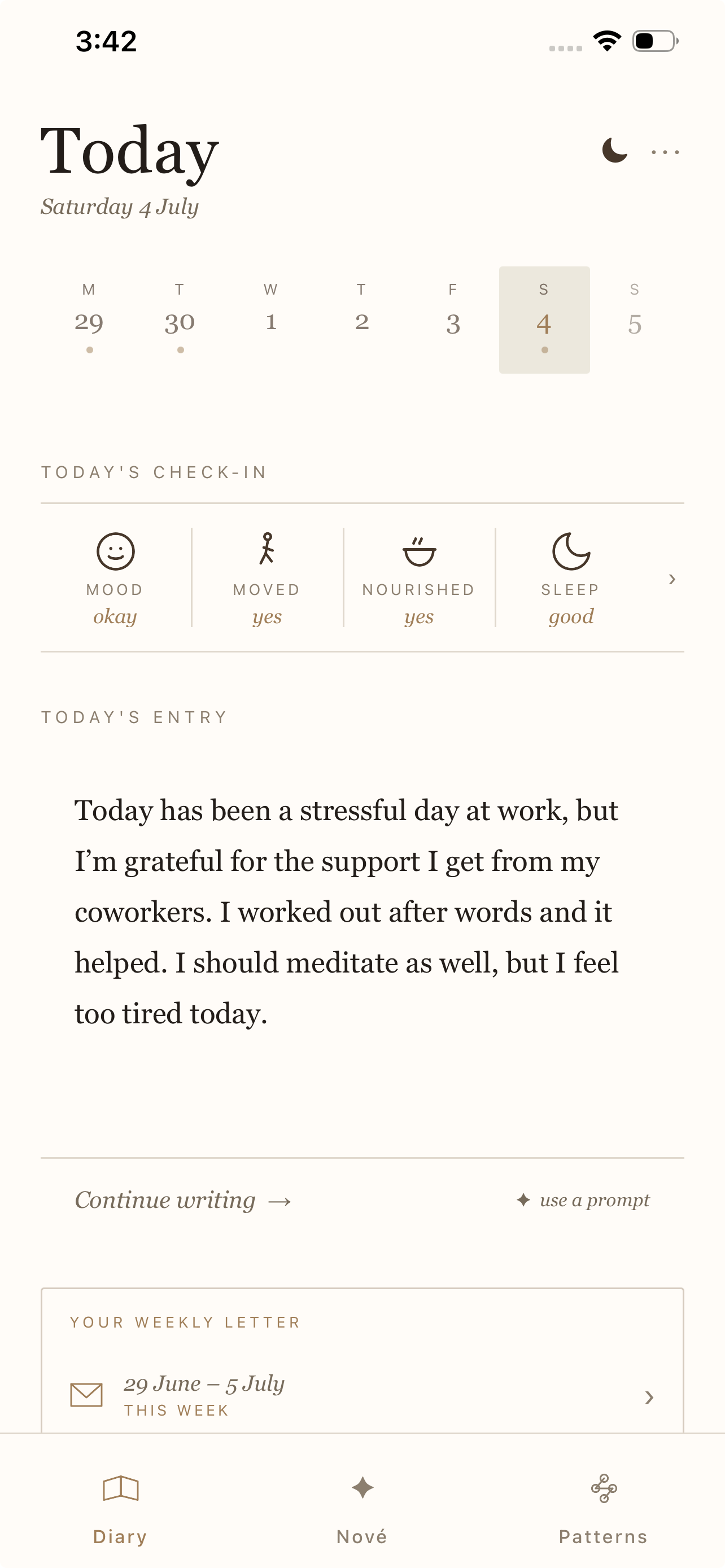 Nové diary screen